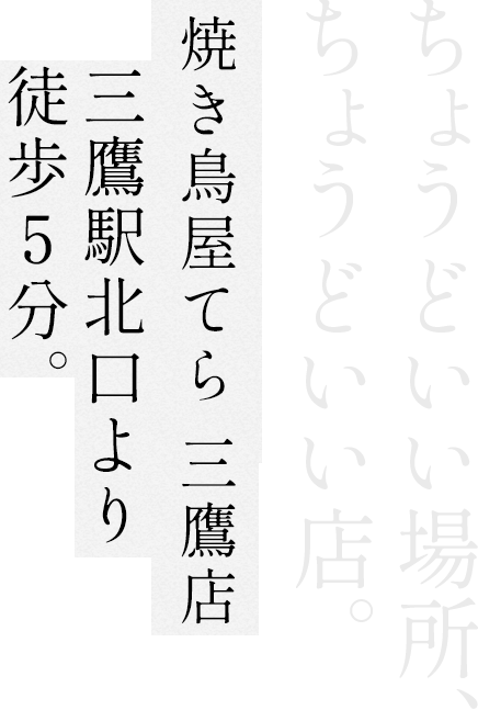 ちょうどいい場所、ちょうどいい店 焼き鳥屋てら 三鷹店三鷹駅北口より徒歩5分。